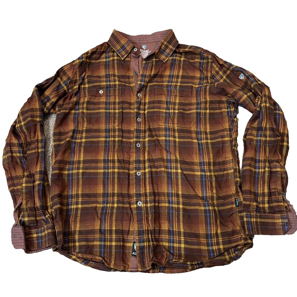 Kuhl Shirt M Medium Red Brown Blue Plaid Flannel Fugitive Hike Cotton Tencel